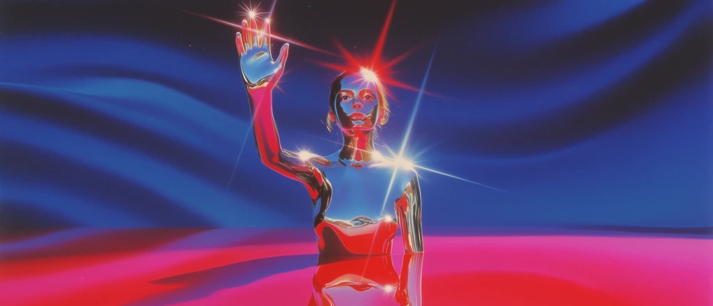 A girl with a raised hand rendered in a 1980s retro-futuristic airbrushed aesthetic, defined by extreme neon lighting and dramatic optical starburst flares. The central figure stands with one arm extended upward, her entire form featuring an ultra-glossy, highly polished metallic chrome texture that vividly reflects the surrounding environment. Sharp, exaggerated four-point and six-point starburst lens flares in brilliant white, red, and blue radiate intensely from the contoured edges and bright highlights of her glossy body and raised fingers. She stands on a smooth, mirror-like ground plane glowing in intensely saturated neon magenta and hot red, which captures a perfectly clear, liquid-like mirrored reflection of her figure directly beneath her. The background consists of soft, undulating, silk-like fluid waves bathed in deep electric blue. The composition relies on high-contrast gradients, smooth luminous color transitions, intensely glowing edges, and a slight vintage grain, emphasizing the vivid jewel-toned palette and the gleaming, hyper-reflective surfaces characteristic of classic synthwave chrome art.