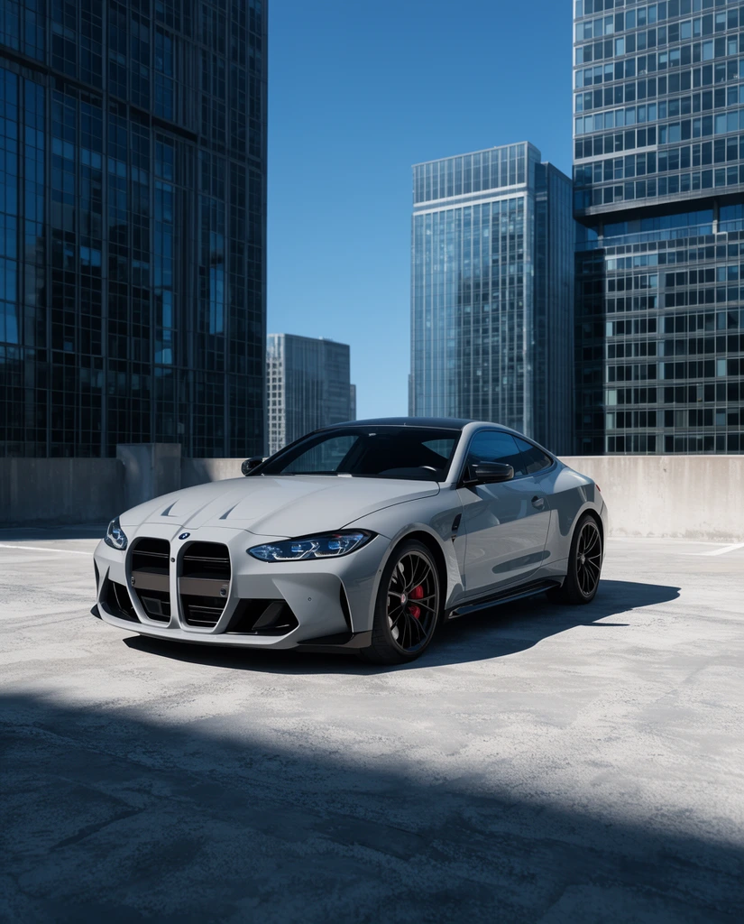 A light gray high-performance sports coupe sits on a stark concrete rooftop surrounded by towering glass skyscrapers under a clear blue sky. The vehicle features an aggressive front fascia with prominent vertical grilles, black alloy wheels, and red brake calipers. Intense, direct sunlight casts deep, sharp shadows across the textured concrete, contrasting the sleek aerodynamic curves of the car with the rigid geometric grid patterns of the modern urban architecture behind it.