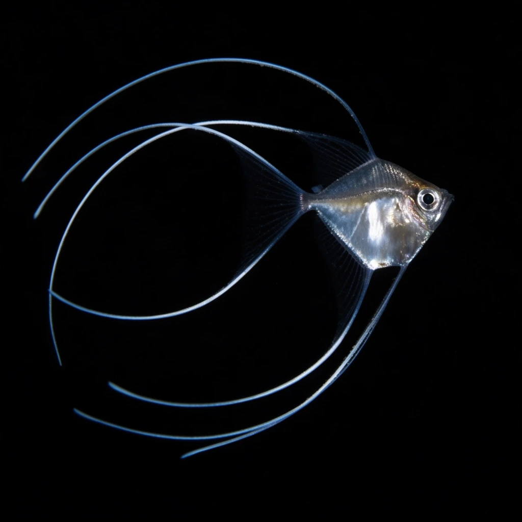 A small metallic silver fish with exceptionally long, translucent thread-like fins drifts through a pitch-black void. The creature features a diamond-shaped, highly reflective body and a prominent round eye. Delicate, sinuous filaments trail backward from its upper and lower edges, curving gracefully into a large, overlapping figure-eight shape. Catching stark directional light, these sweeping ribbons emit a faint blue-white glow against the pure negative space. The high-contrast blackwater macro photography style isolates the subject, emphasizing the minimalist, calligraphic arcs of the glowing fins.