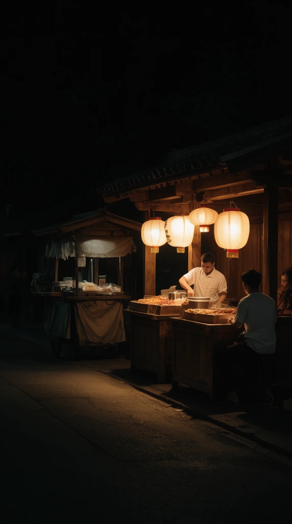 Glowing paper lanterns illuminate traditional wooden food stalls on a dark street. A vendor in a white shirt serves a seated customer. Another draped cart sits nearby in deep shadows. The cinematic wide shot features high-contrast lighting.