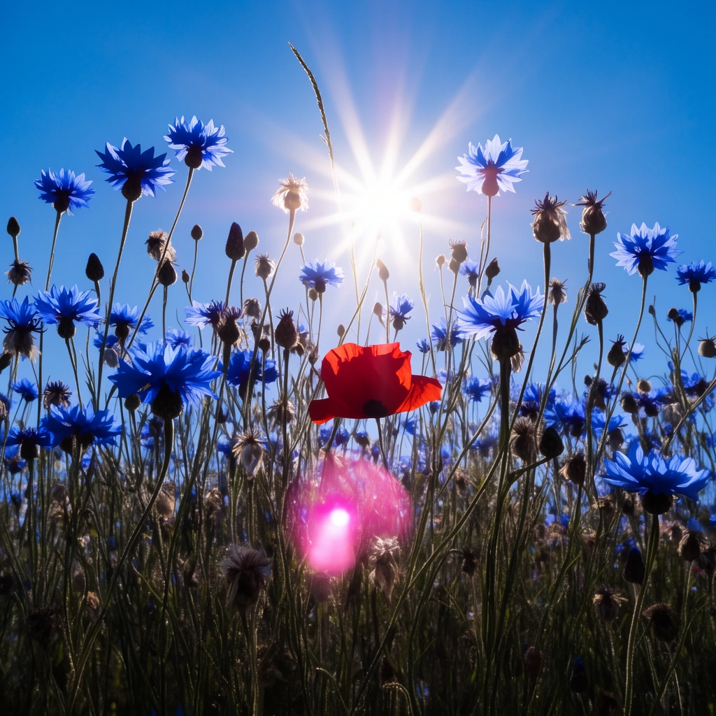 A dense field of blue cornflowers and a single red poppy are backlit by a brilliant sun. Captured from a low angle, the slender, silhouetted stems reach toward a clear blue sky. The strong backlighting creates a bright starburst and a prominent pink lens flare among the vibrant blossoms and dried seed pods.