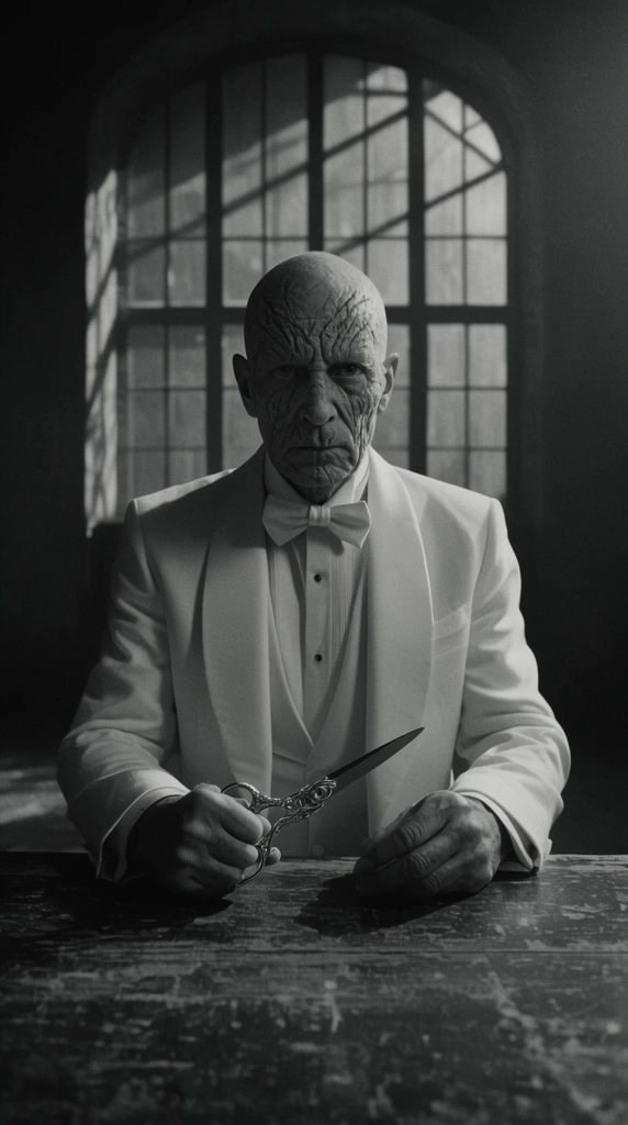 An elderly, bald man with deep facial scars and a pristine white tuxedo sits rigidly behind a weathered wooden desk, clutching ornate silver scissors. He stares intensely forward into the lens. Behind him, a massive arched window casts geometric shadows across the stark, dimly lit room. Monochromatic cinematic photography features central symmetric framing, heavy film grain, and high-contrast chiaroscuro lighting.