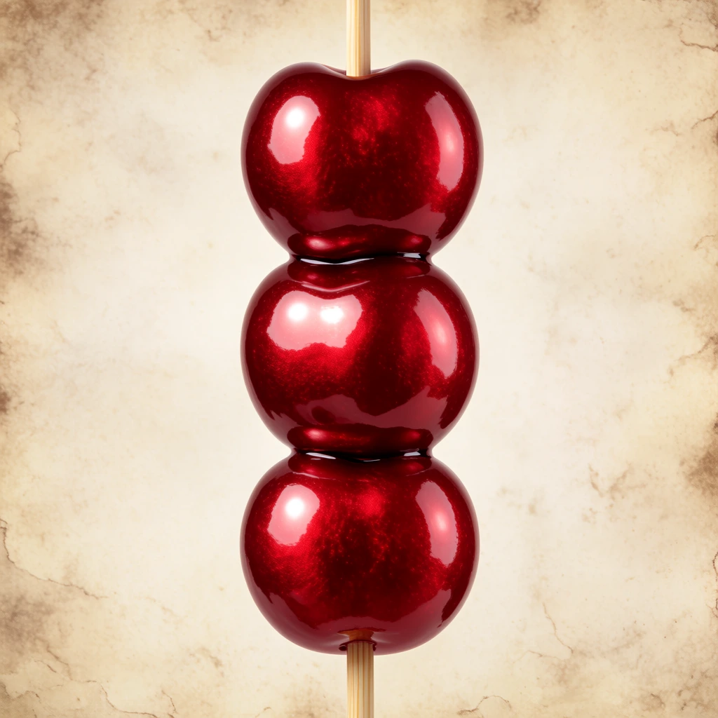 Three hyper-glossy, metallic red cherry spheres stack vertically on a wooden skewer against a textured parchment background. Intense studio lighting creates brilliant reflections on the smooth surfaces.