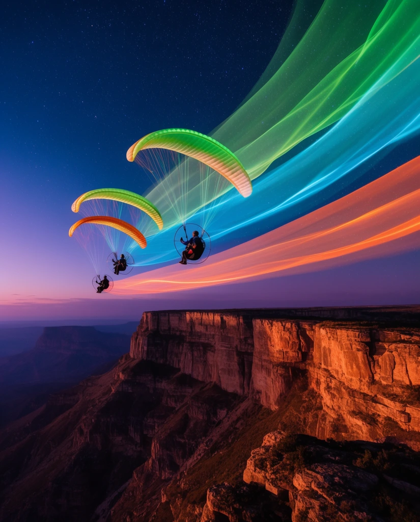 Three powered paragliders fly in formation through a twilight sky, leaving sweeping, translucent rainbow light trails of green, cyan, and orange. The glowing ribbons stretch backward toward massive, flat-topped cliffs below. The rugged mesa edges catch warm, low-angle sunlight, contrasting sharply with the dark blue, starry night sky above and the purple sunset haze on the horizon. The long-exposure photography technique creates a surreal, dynamic arc of motion suspended over the deep canyon landscape.