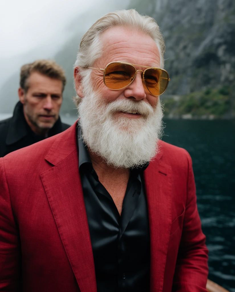 older rugged Scandinavian man with a thick full white beard, slight smile, crimson red linen blazer, unbuttoned black silk shirt, gold wire-rimmed aviators with amber lenses, cinematic medium close-up, shallow depth of field, blurred secondary male figure wearing a dark coat over the left shoulder, misty overcast fjord background, dark deep water, steep rocky cliffs in fog, soft diffused lighting, photorealistic, anamorphic look