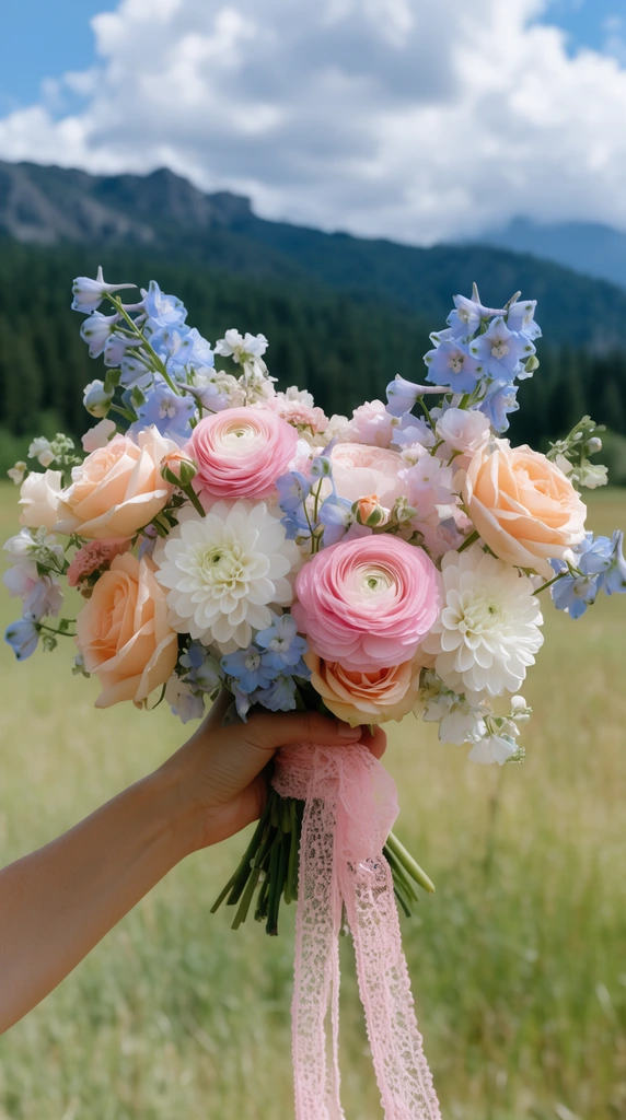 Hand holding a lush pastel bouquet, pink ranunculus, white dahlias, peach roses, blue delphinium, stems tied with trailing pink lace ribbon, blurred grassy meadow, forested mountains, cloudy blue sky, bright natural daylight, shallow depth of field