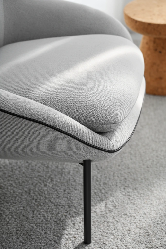 close-up of a minimalist light grey upholstered lounge chair, textured woven fabric, black piping along curved armrest seams, slim matte black cylindrical metal leg, soft directional sunlight highlighting the plush seat cushion, coarse light grey carpet, out-of-focus cork cylinder in background, shallow depth of field, contemporary interior design photography