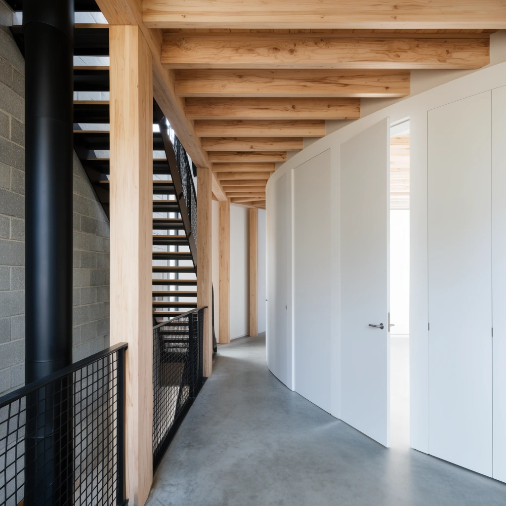 A modern minimalist hallway curves alongside an open staircase framed by exposed light wood ceiling beams and thick support columns. A matte black cylindrical pipe descends vertically beside a gray cinderblock wall on the left. The smooth concrete floor is bordered by a black wire mesh stair railing. A stark white curved wall on the right features tall flush doors, one standing slightly ajar to reveal a bright adjoining room. Bright natural daylight emphasizes the sharp geometric contrasts and clean lines of this industrial-chic architectural space.