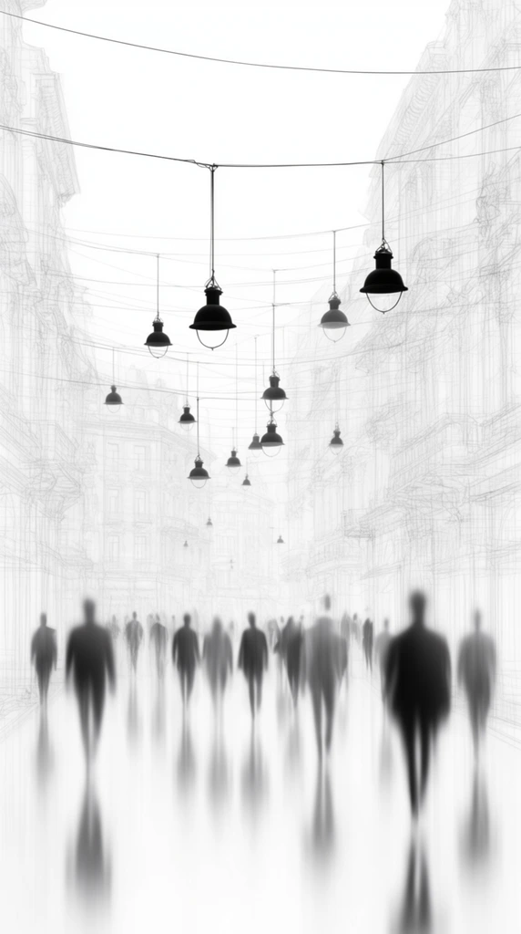 A monochromatic high-key illustration of a city street rendered in delicate gray wireframe lines against a stark white void. Faint, intricate multi-story buildings flank the thoroughfare. Thin black wires crisscross overhead, suspending solid black, vintage dome-shaped lamps at varying depths. Below, a crowd of blurred, silhouetted figures walks toward the viewer, ranging from dark foreground shapes to hazy distant forms. They tread upon a highly reflective pristine white surface casting elongated, vertically stretched reflections of the pedestrians. The sharp black hanging lamps and the heavy motion blur of the figures contrast starkly with the precise, faint architectural drafting.