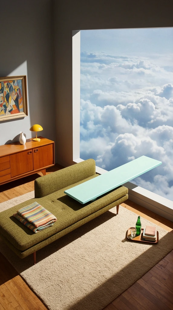 A surreal mid-century modern interior features an olive-green chaise lounge with a pale aqua diving board extending from its foot out a frameless, wall-sized window directly into a bright, cloudy sky. A folded striped blanket rests on the textured daybed. Against the grey left wall sits a warm wood sideboard topped with a small yellow lamp and white vase. A framed abstract painting hangs above. On the wooden floor, a large beige rug anchors the space, while a small tray holds a green bottle, a glass, and books nearby. Sharp, brilliant sunlight floods through the massive open portal, casting stark diagonal shadows across the room and highlighting the dreamlike juxtaposition of vintage domesticity suspended in an endless atmospheric expanse.