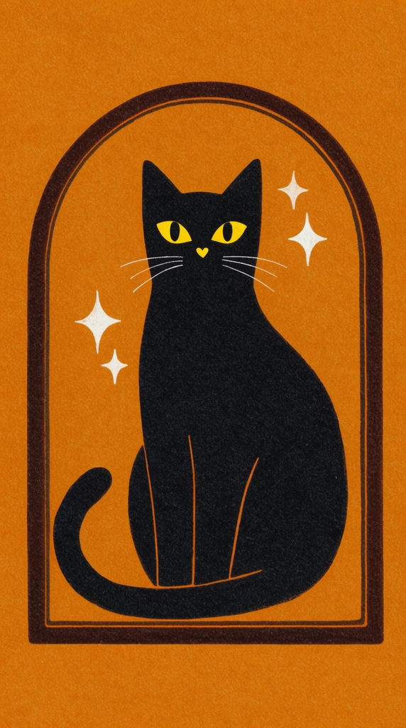 sitting black cat inside an arched dark brown frame, striking yellow eyes, tiny yellow heart-shaped nose, delicate white whiskers, curled tail, four stylized white star sparkles floating around the feline, solid warm ochre orange background, heavy grainy paper texture, vintage 1970s aesthetic illustration, minimalist mystical portrait, flat colors, risograph print style