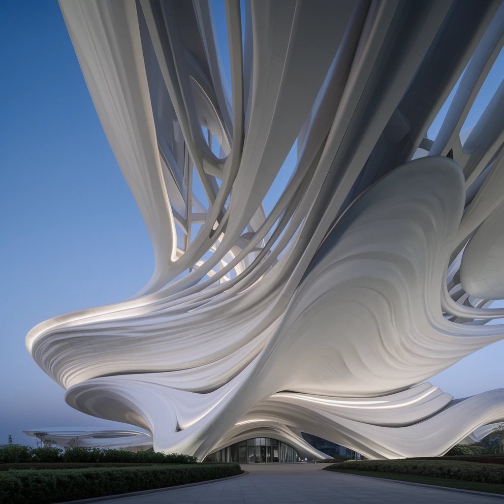 A massive futuristic architectural structure featuring undulating biomorphic white layers dominates a landscaped plaza under a gradient blue twilight sky. The towering canopy is constructed from a textured pristine white material sweeping overhead in fluid striated ribbons that form a colossal skeletal structure. Deep smooth shadows gather in the recessed crevices between the curving cantilevered overhangs, contrasting with the illuminated glowing edges of the fluid forms. Below the massive overhang, a flat paved walkway leads toward a ground-level entrance with curved glass facades flanked by low manicured green shrubs. The dramatic low-angle perspective emphasizes the sheer scale and gravity-defying parametric design of the sweeping organic architecture filling the upper frame.