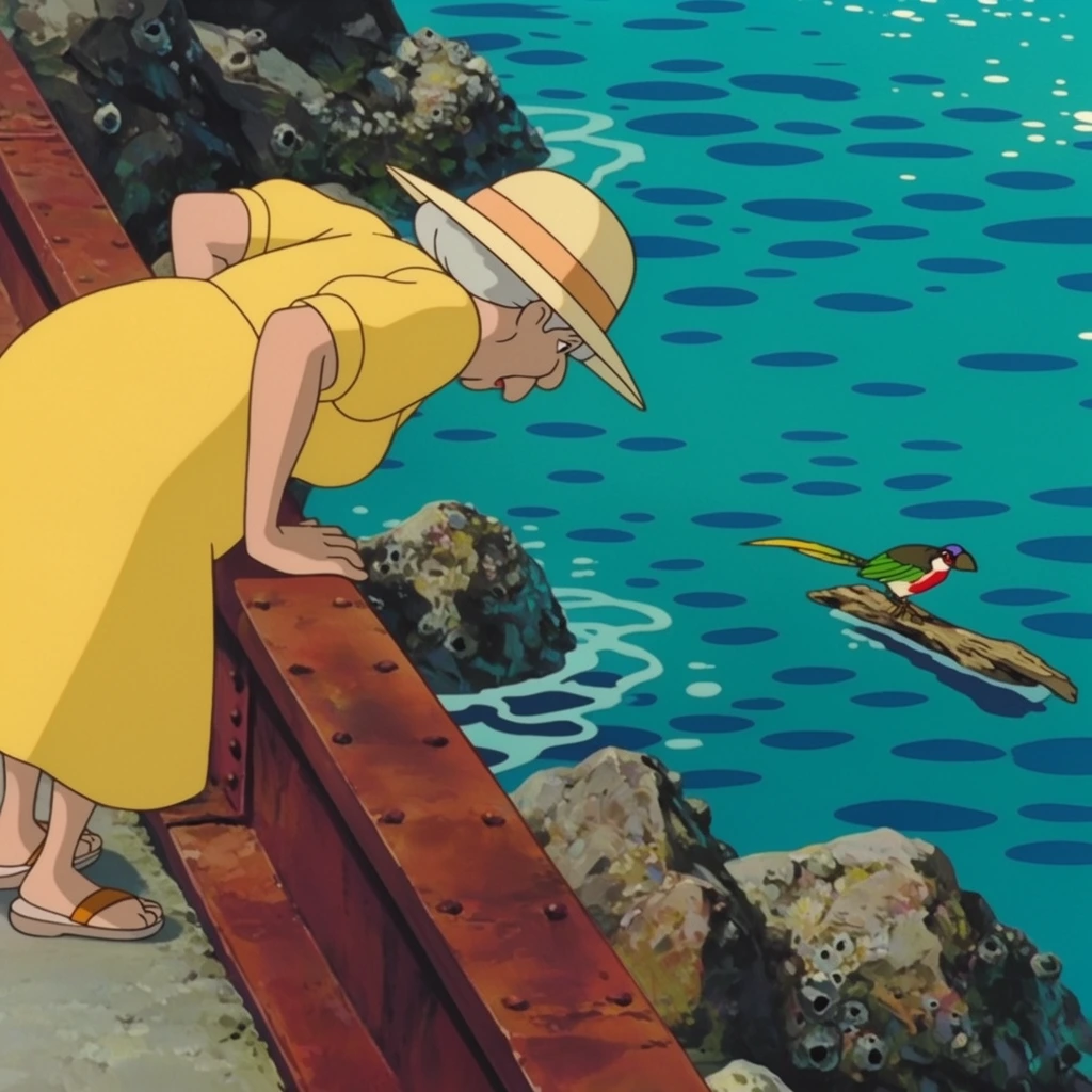 An elderly woman in a bright yellow sundress and a wide-brimmed straw hat leans over a rust-colored steel bridge railing, peering down into a vibrant turquoise ocean. Far below in the bright water, a colorful tropical bird rests on a small piece of floating driftwood. The woman angles her body sharply downward, bracing her hands against the thick metal beam in a focused posture. Jagged, barnacle-encrusted rocks frame the shoreline beneath the bridge. The scene is rendered in a traditional 2D hand-drawn animation style, featuring crisp, flat cel-shaded character details contrasting with a textured, painterly background. Dark blue oval shadows dapple the rippling water surface, establishing a bright, sun-drenched coastal atmosphere.