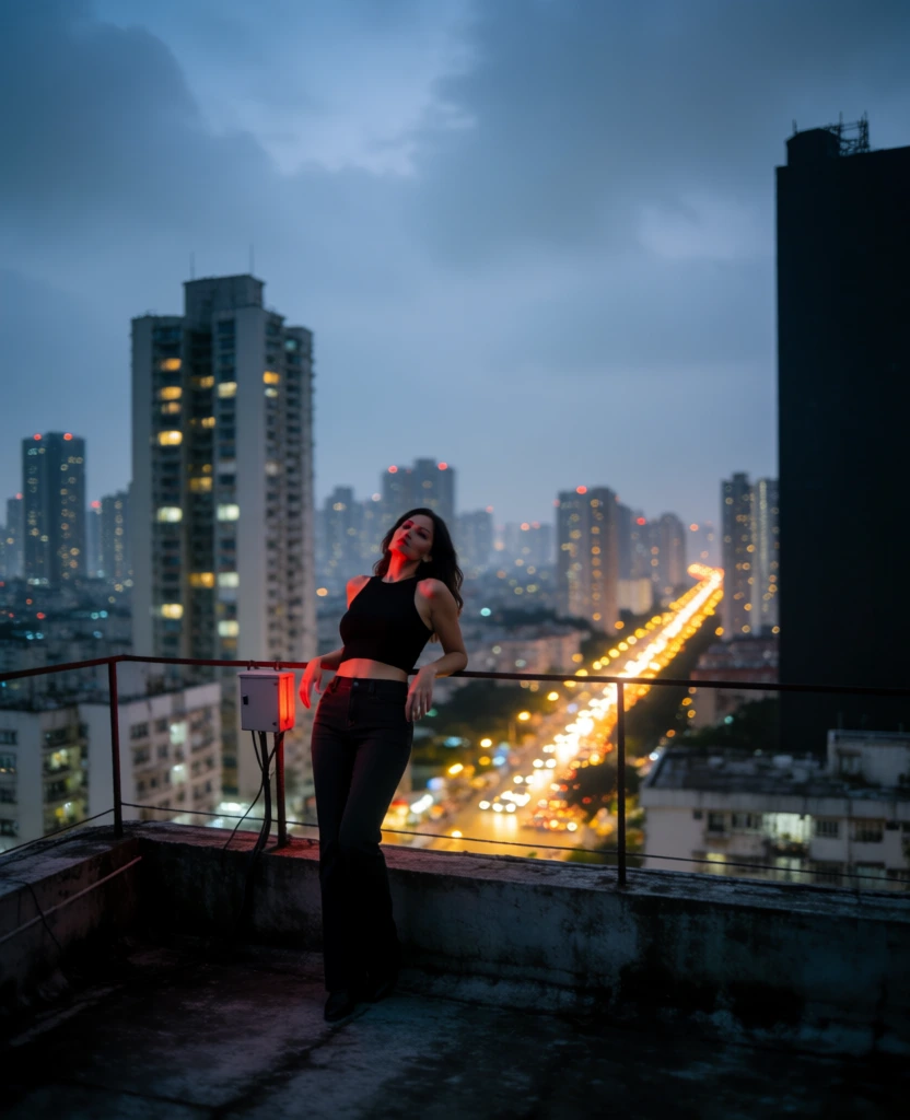 A woman stands on a weathered concrete rooftop at twilight, leaning back against a thin metal railing with a vast, illuminated cityscape stretching into the distance. She is positioned in the center-left of the frame, wearing a black sleeveless crop top and dark, fitted trousers. Her long dark hair falls around her shoulders, and her face is illuminated by a soft red glow originating from a small electrical box attached to the railing beside her. Behind the railing, a dense urban environment features numerous high-rise residential buildings under a deep blue, overcast sky. A prominent street below is filled with glowing yellow and orange vehicle lights and streetlamps, creating a bright, triangular stream of light that recedes toward the horizon. To the left, a tall skyscraper with several lit windows dominates the mid-ground, while a massive, dark silhouette of another building stands on the far right. The image is captured with a shallow depth of field, resulting in a soft bokeh effect where the distant city lights appear as blurred orbs. The overall color palette is a mix of cool blues and grays, contrasted by the warm golden tones of the city traffic and the localized red light on the subject. The camera angle is slightly low, looking up at the woman and emphasizing the scale of the surrounding skyscrapers.
