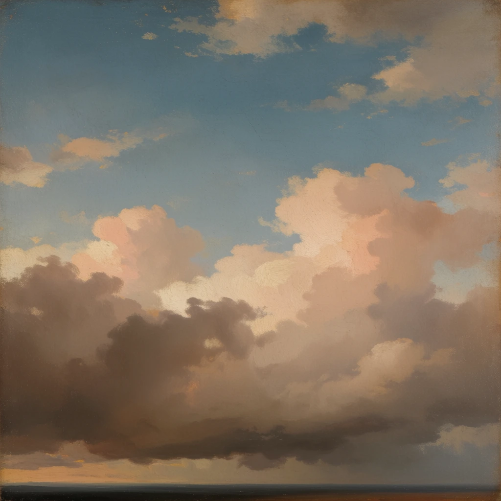 A classical oil painting of a dramatic skyscape features a massive bank of heavy, brownish-grey clouds rolling over a thin, dark horizon line. Above this dense mass, billowy cumulus clouds catch soft peachy-pink and creamy white light. The upper half transitions into a muted blue sky dotted with scattered wispy clouds. Visible brushstrokes and a subtly textured, aged surface enhance the atmospheric depth and earthy, warm undertones of the composition.