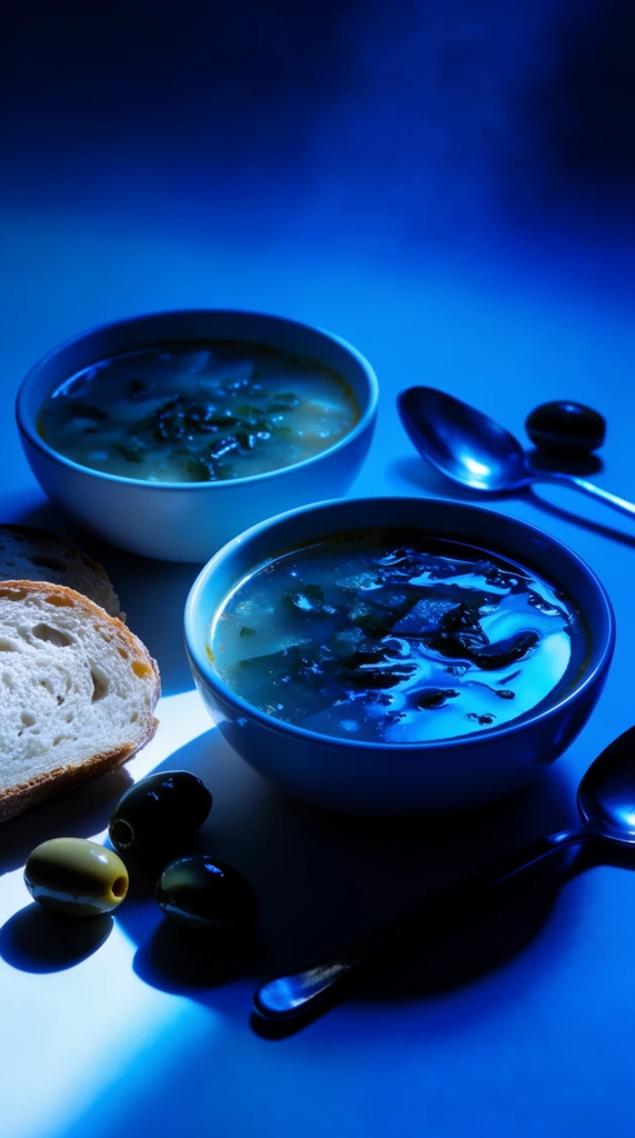Two bowls of soup, bread, olives, and spoons are illuminated by intense monochromatic blue studio lighting against a seamless backdrop. The round bowls sit centrally alongside slices of bread, whole olives, and metallic spoons. Stark directional light from the left creates deep black shadows and bright cyan highlights on the liquid and metallic surfaces. The composition features sharp focus on the meal with a shallow depth of field, fading into a soft, atmospheric blue gradient background. The aesthetic is modern editorial food photography with extreme high contrast, glossy textures, and a deeply saturated, moody blue color palette.