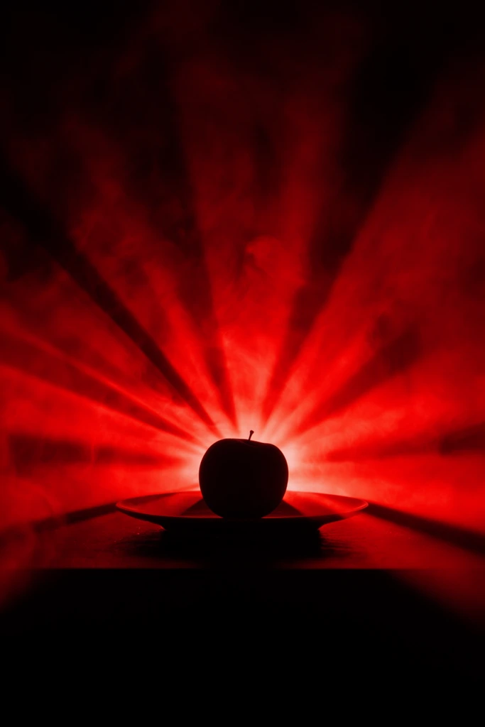 A single fruit sits in the center of a plate upon a flat surface, appearing as a stark, pitch-black silhouette against an intensely radiating crimson red light source positioned directly behind the arrangement. Thick atmospheric fog fills the surrounding dark environment, catching brilliant, volumetric red light rays that burst outward in a sweeping starburst pattern. The sharp contrast between the solid black shapes of the fruit, plate, and flat ground, and the hyper-saturated glowing red luminescence creates a dramatic, high-contrast composition. The purely monochromatic red and black color palette highlights the heavy, smoky texture of the air and the sharply defined edges of the radiating light beams as they extend outward, dissolving into the pitch-dark boundaries of the frame.