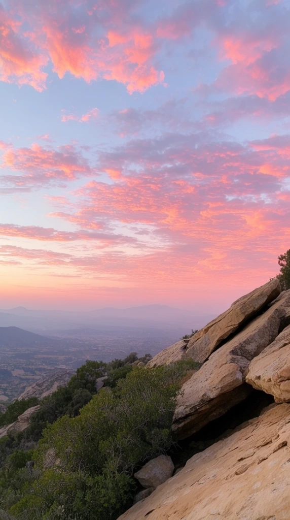 Rugged tan stone slabs and green shrubs anchor the right foreground of a sweeping high-angle landscape overlooking a hazy distant valley. A vast sky dominates the upper half, filled with scattered clouds intensely illuminated in vibrant pink, peach, and orange hues against a pale blue backdrop, casting soft twilight lighting over the hazy mountain silhouettes on the horizon.