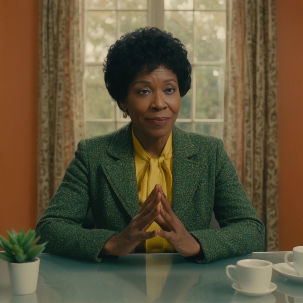 middle-aged Black woman with short curly black hair in a forest green tweed blazer and yellow silk blouse, sitting at a sleek minimalist glass desk, hands clasped with steepled fingers, polite calculating expression, small potted succulent and white ceramic coffee cups on the desk, multi-paned window behind her revealing blurred foliage, muted orange walls, patterned curtains, soft diffused natural daylight, 35mm cinematic film still, shallow depth of field, medium close-up, eye-level angle, warm vintage color palette