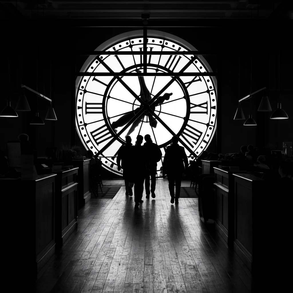 Silhouetted figures walk down a polished wooden corridor toward a massive, backlit architectural clock window. The glowing circular aperture features structural gridwork, thick radiating spokes, large central hands, and bold geometric edge markers. Dark interior consoles, scattered seated figures, and hanging pendant lamps flank the central pathway. Dramatic black-and-white chiaroscuro and textured floorboards establish strong leading lines, perfectly framing the intensely luminous focal point.