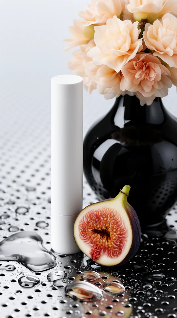 White cylindrical tube, halved fresh fig, pale peach flowers in a glossy black vase, wet perforated metal surface, heavy water droplets, crisp macro still life