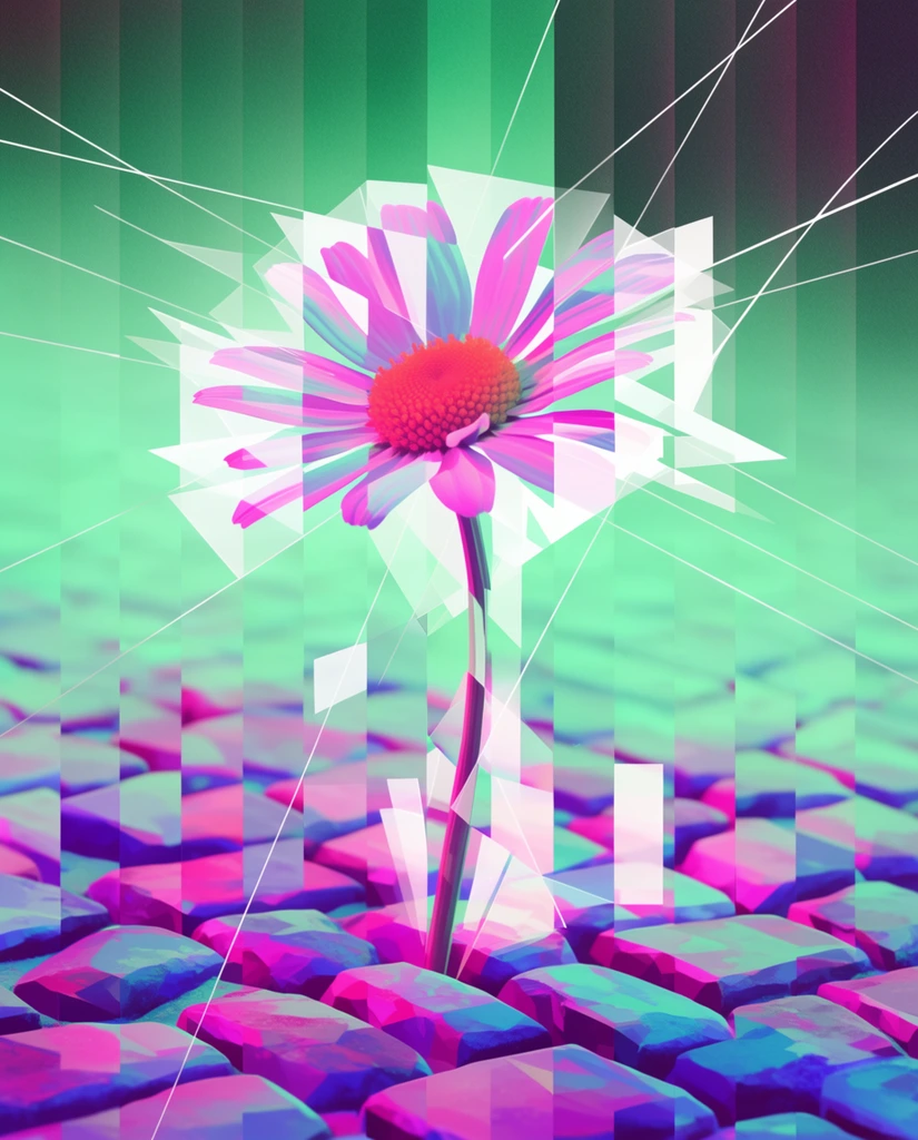 A single daisy blooming from between cobblestones, rendered in a fragmented, geometric digital art style with intense neon magenta and mint green hues. The daisy stands central, its petals and stem shattered and laterally displaced across uniform vertical slices spanning the entire canvas. Brilliant white, translucent geometric planes and sharp triangular shards overlap the flower and the ground, creating shifting opacity layers and glitch-like visual interruptions. A network of thin, crisp white lines radiates outward, intersecting across the composition like a fractured wireframe. The cobblestones below are depicted as blocky, faceted polygons shaded in deep indigos, glowing pinks, and cyans. The scene is bathed in a surreal, luminous duotone gradient, juxtaposing vivid glowing magentas against cool, synthetic mint greens, with a subtle digital grain texturing the darker segmented background panels.