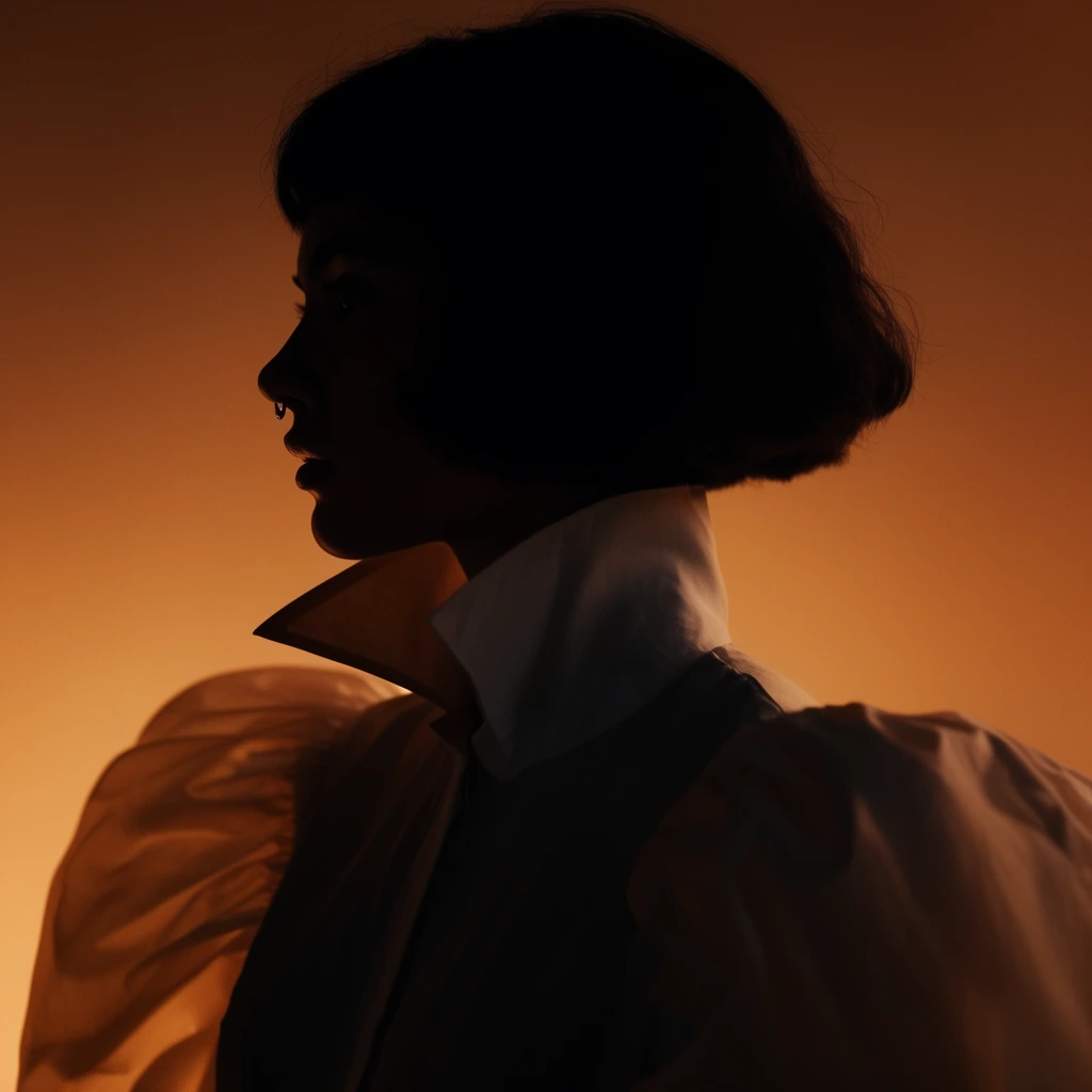 A moody, low-key profile portrait of a woman cast in deep silhouette against a smooth amber gradient background. She features a short bob and nose ring, wearing a sharply upturned white collar and voluminous puffed sleeves that softly catch the warm backlighting.
