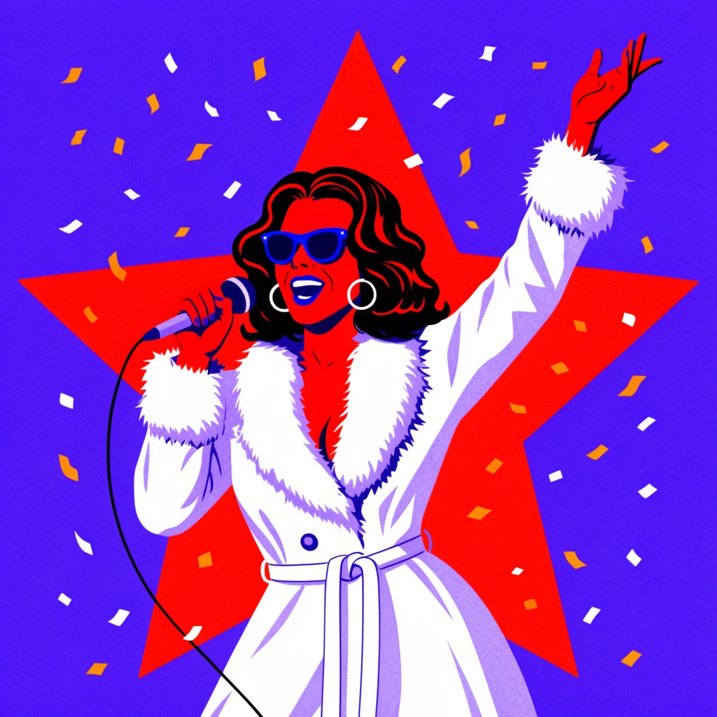 Pop-art illustration of a female singer, vivid red skin, dark wavy hair, blue sunglasses, hoop earrings, white belted trench coat with fur trim, holding a wired microphone, arm raised dynamically, standing before a giant red star, solid purple background, scattered orange yellow and white confetti, stippled noise texture, retro disco aesthetic, bold color blocking