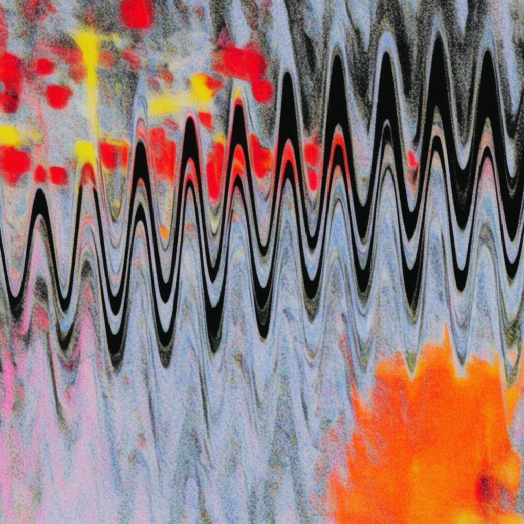 An abstract composition dominated by undulating vertical black zigzag lines creating a kinetic moiré pattern. Beneath this linear overlay, a heavily granulated, distorted background features smeared pale blue, gray, and pink hues. Vivid blotches of saturated crimson and yellow scatter across the upper left, while a prominent mass of fiery orange anchors the bottom right. The overall aesthetic heavily mimics analog video degradation, severe CRT scanline interference, and dense color static.