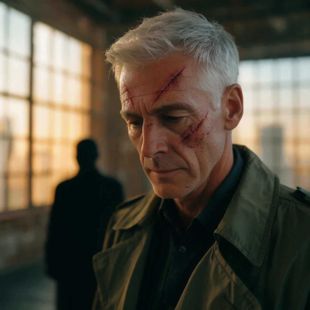 Cinematic close-up of an older clean-shaven man with silver hair and facial cuts looking downward. He wears an olive trench coat. A dark silhouetted figure stands behind him in a deeply blurred warm sunlit industrial loft.