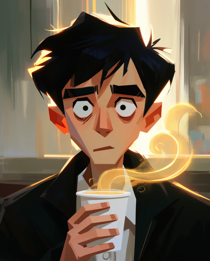 A stylized digital illustration of an exhausted young man with sharp geometric features holding a white cup. He has messy black hair, thick eyebrows, and wide staring eyes, wearing a dark jacket over a white shirt. Luminous swirling golden steam rises from the cup. The artwork features flat painterly brushstrokes and sharp angles. Dramatic warm backlighting creates glowing rim effects on his hair and the steam against a loosely painted muted indoor background with vertical light streaks.