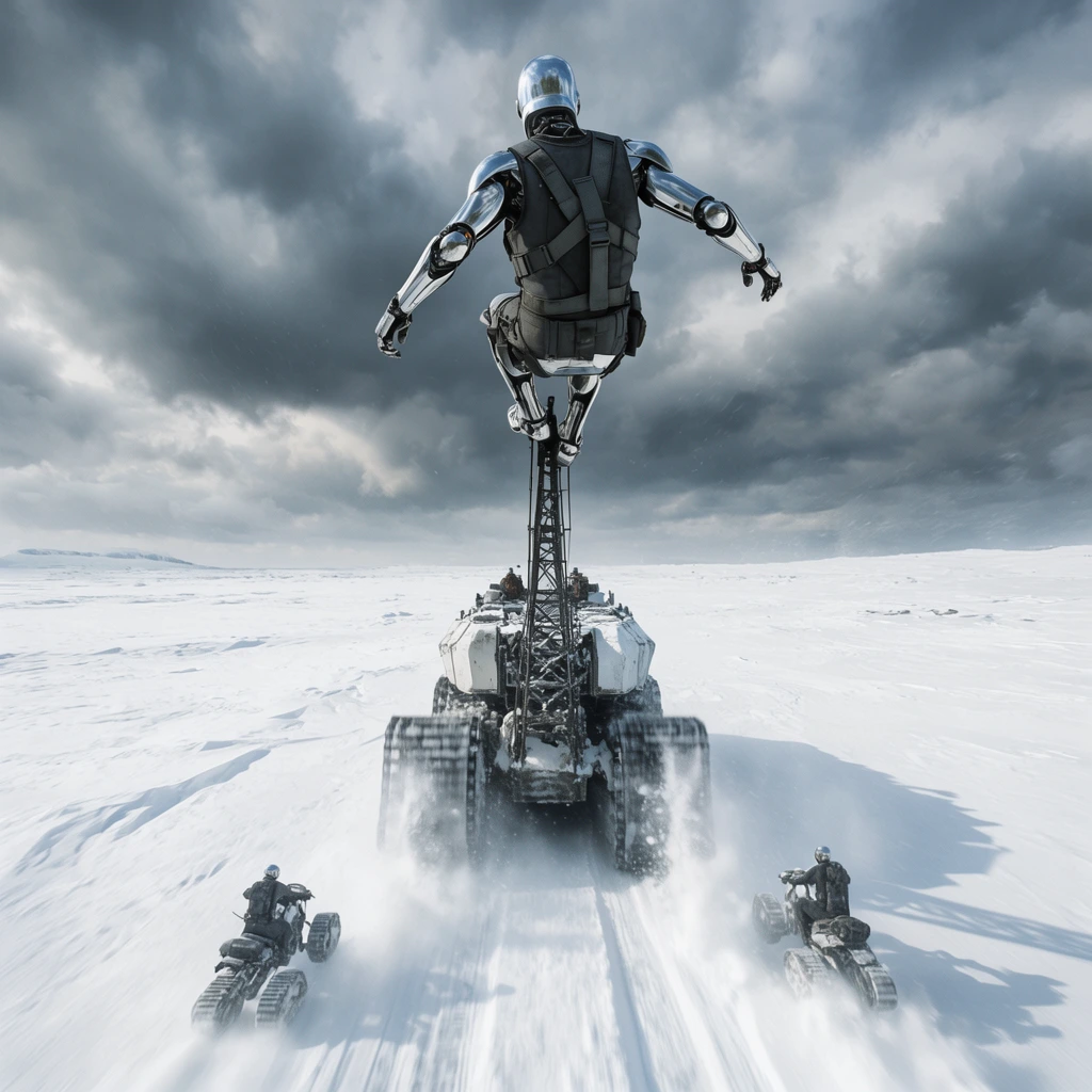 A wide cinematic shot from behind an armored robotic sentinel perched atop a towering steel spire extending from a massive tracked snow-crawler. The chrome-plated figure wears dark grey tactical webbing, balancing precariously as the vehicle plows through a vast, blindingly white frozen tundra, kicking up large plumes of snow. Two smaller treaded scout bikes trail the main crawler below. The sky is heavily overcast with turbulent dark grey clouds. Captured with ultra-widescreen framing, photorealistic rendering, and stark contrasting tones emphasizing high-speed motion.