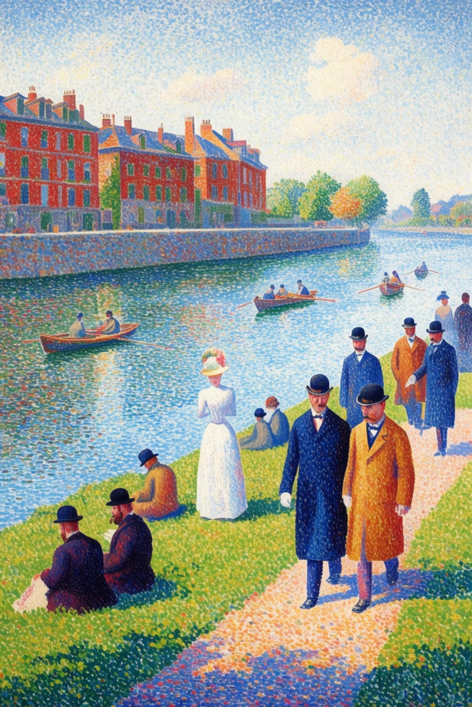 A luminous pointillist painting of elegantly dressed figures strolling a sunlit riverbank. Men in long coats and bowler hats walk a grassy path near a woman in a white dress and resting groups. Rowboats navigate the bright blue river, backed by a stone quay and red brick buildings. The composition is rendered entirely with tiny, stippled dots of vibrant, complementary colors, creating a highly textured, radiant scene under a bright sky.