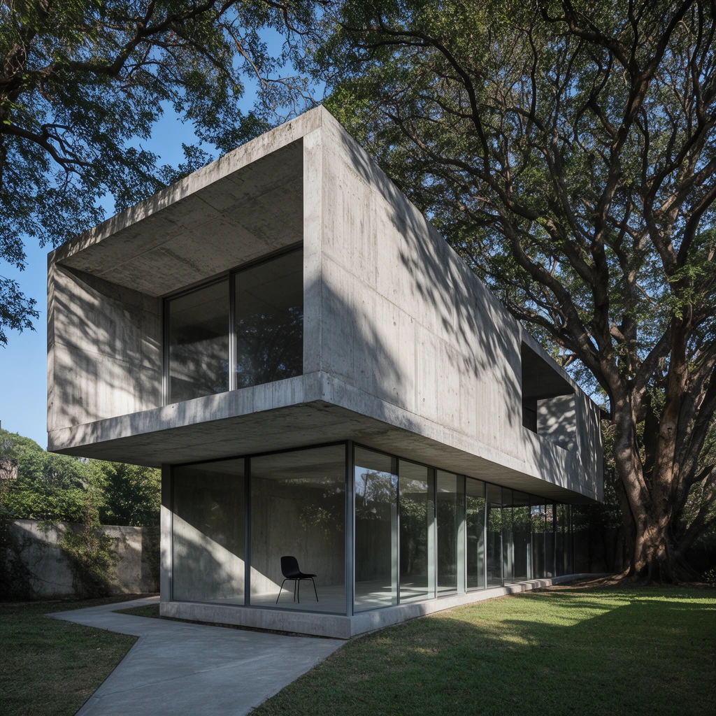 brutalist modern house, heavy raw concrete rectangular volume, striking cantilever over a glass-enclosed ground floor, expansive floor-to-ceiling windows, single black chair inside, massive mature trees with dense canopy enveloping the structure, dappled sunlight casting shadows on the concrete facade and grass lawn, angular pathway, clear blue sky, crisp architectural photography, natural daylight