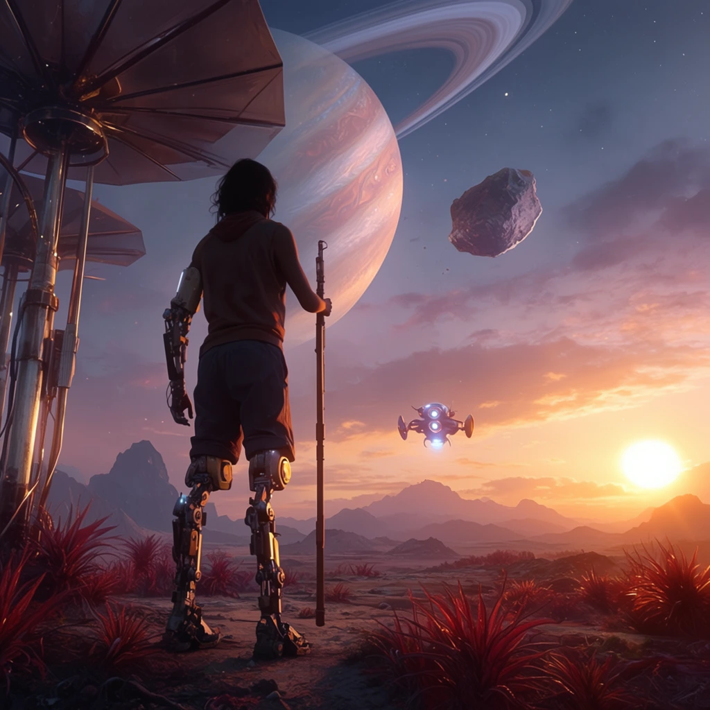 figure from behind with mechanical prosthetic legs and left arm holding a staff on alien terrain, twilight sky with massive ringed planet and rocky moon, bright setting sun casting warm golden light, distant mountains, barren landscape with spiky reddish vegetation, metallic umbrella structure on the left, glowing drone hovering centrally, cinematic wide shot, sci-fi concept art, dramatic warm and cool lighting