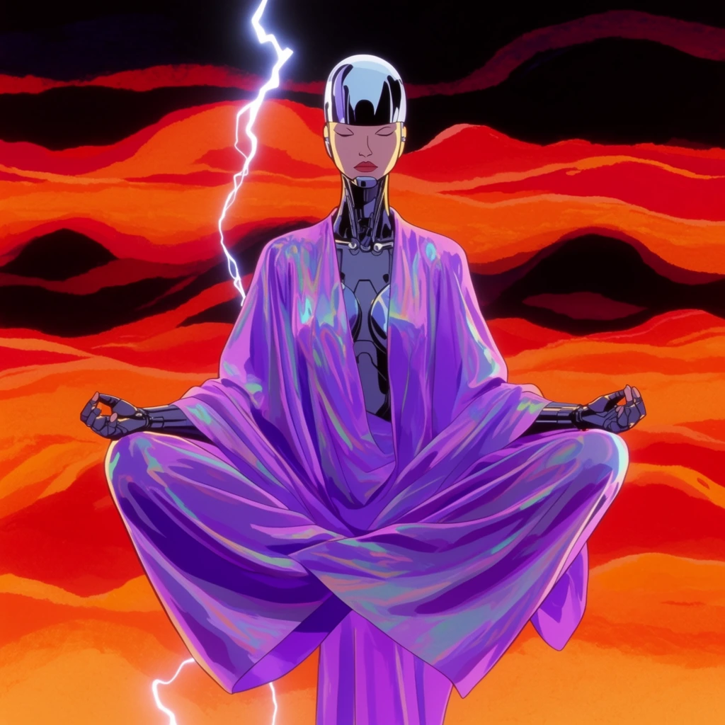 A slender female cybernetic warrior floating cross-legged in a meditative pose, wearing flowing iridescent purple robes and a smooth chrome helmet. She is centered against a dramatic, abstract background of horizontal wavy layers in fiery orange, crimson, and stark black. A single jagged bolt of bright white electric lightning arcs downward near her form. Rendered in a vibrant, high-contrast 2D animation style with bold stylized shading.