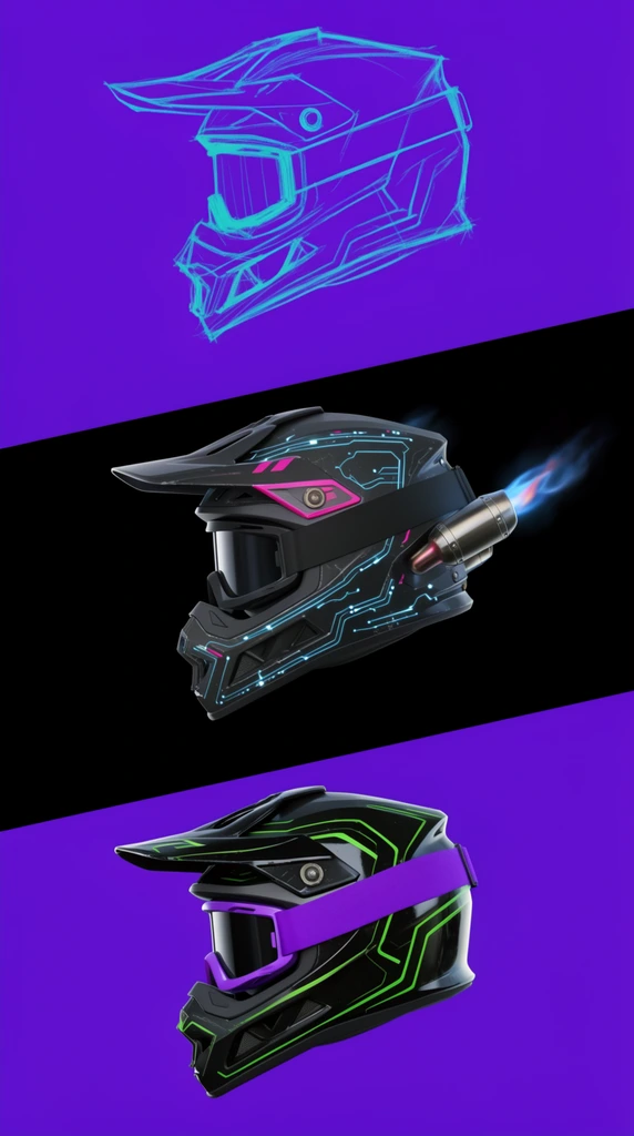 A vertical design progression of a futuristic cyberpunk motocross helmet layered over diagonal background bands of solid purple and deep black. The top features a neon cyan wireframe sketch. The middle black band shows a matte black concept render with glowing cyan circuitry, pink accents, and rear blue exhaust flames. The bottom displays a photorealistic glossy black 3D render highlighted by vibrant neon green geometric lines and a dark visor bound by a thick purple strap.