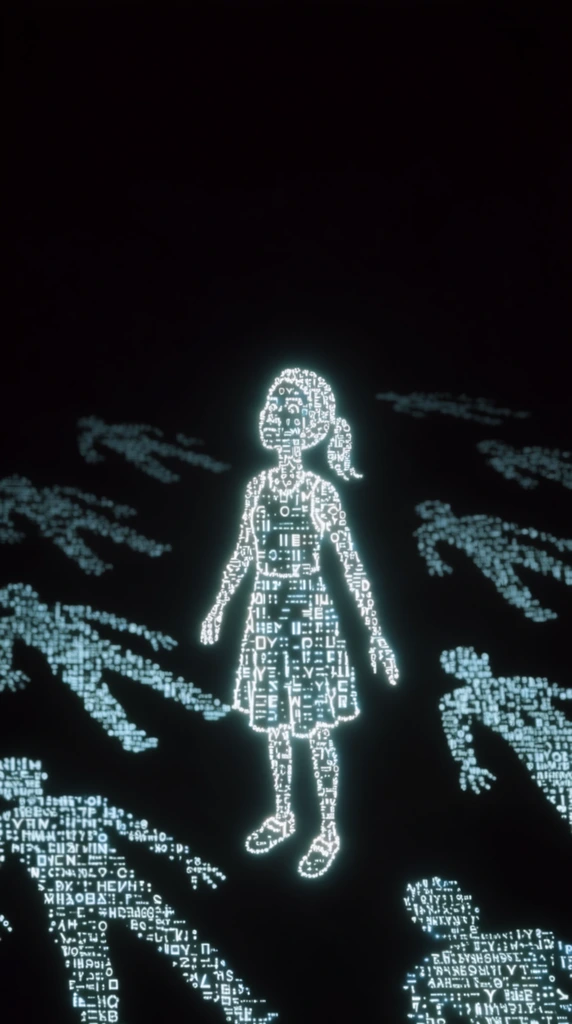 A girl standing in the lower center looking upward, constructed entirely from glowing, cyan-white digital glyphs, fragmented typography, and intricate punctuation against a pure pitch-black void. Surrounding her on a ground plane, multiple large shadows of human forms with outstretched arms and legs spread across the surface, all rendered through dense, varying concentrations of emissive text characters. The scene utilizes a retro computing, terminal-based ASCII art aesthetic where high-contrast, self-illuminating symbols define the contours, textures, and negative space of the figures. A slight digital bloom softens the crisp edges of the chaotic typographic code forming the composition, isolating the glowing data-driven silhouettes within the surrounding darkness.