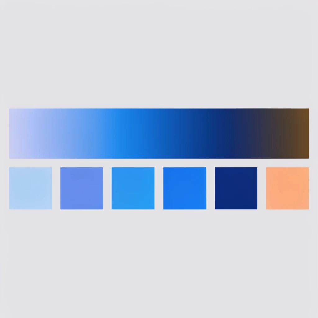 A minimalist geometric color palette layout on a light gray background. A prominent horizontal rectangular bar spans the center, displaying a smooth continuous gradient transitioning from pale lavender-blue through vibrant azure and deep navy, ending in a dark bronze edge. Directly beneath the long bar is a precisely aligned row of six separated solid square swatches. From left to right, the flat squares feature pastel blue, cornflower blue, bright cerulean, vivid blue, midnight blue, and a contrasting soft peach-orange.
