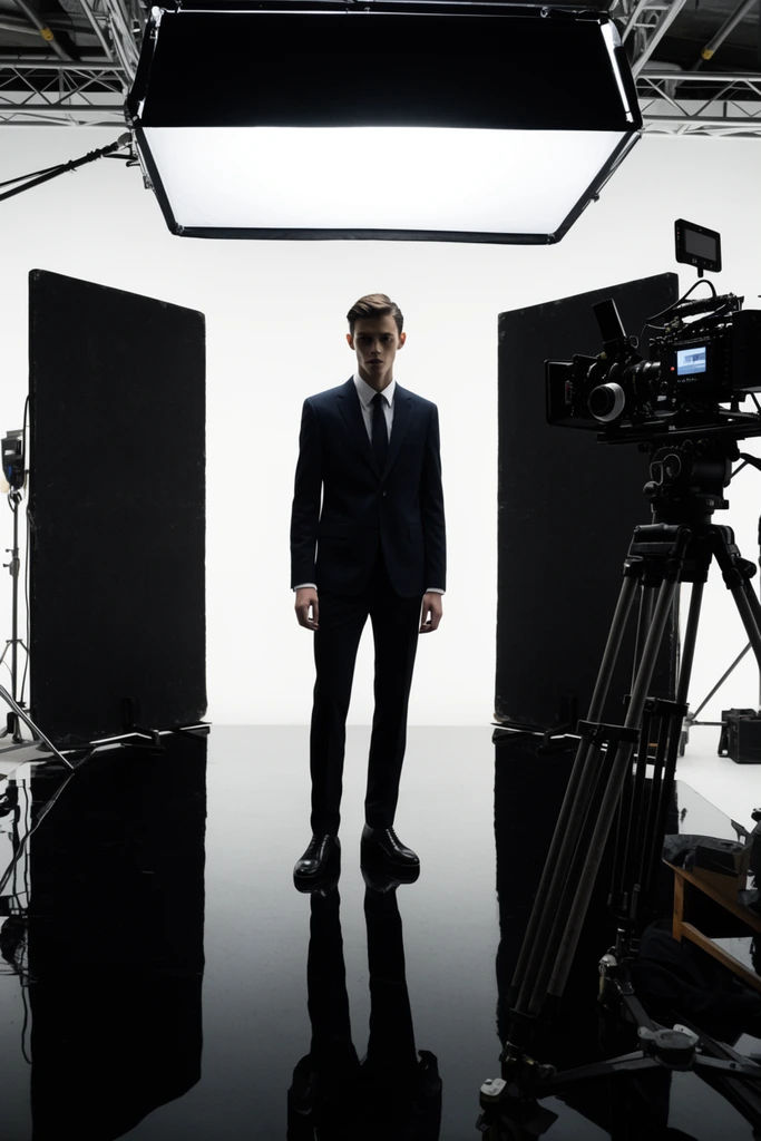 slender male model in dark suit, professional film studio, glossy black reflective floor, large overhead lighting modifier, cinema camera on heavy tripod, black v-flats, white cyclorama, high contrast behind-the-scenes photography