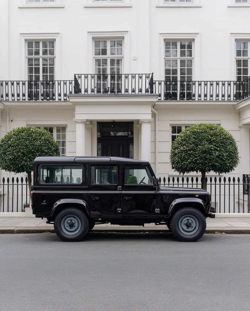 Classic black vintage SUV parked on a street, exact side profile, glossy dark finish, boxy silhouette, grey wheels, symmetrical white townhouse background, black wrought-iron fence, balcony railings, large multi-pane windows, spherical topiary trees flanking the entrance, smooth grey asphalt, flat composition, overcast daylight, architectural symmetry, sharp focus