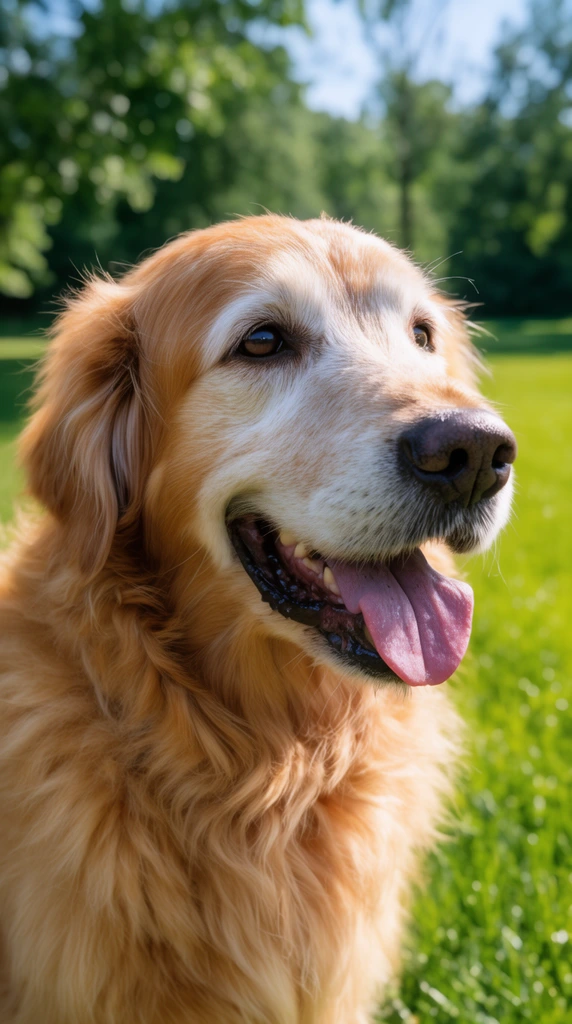 close-up portrait of an older golden retriever, panting with tongue out, looking right, fluffy sunlit fur, vibrant green grass, blurred trees, shallow depth of field, bright natural daylight