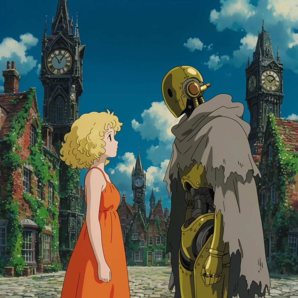 two characters facing each other in profile, young woman with curly blonde hair in an orange sundress, tall brass mechanical humanoid wearing a tattered grey cloak, cobblestone square lined with towering gothic clock towers and ivy-covered brick buildings, bright sunny day, deep azure sky with fluffy white clouds, classic 2D anime animation style, flat cel-shaded subjects, highly detailed hand-painted background, vibrant colors, whimsical fantasy atmosphere