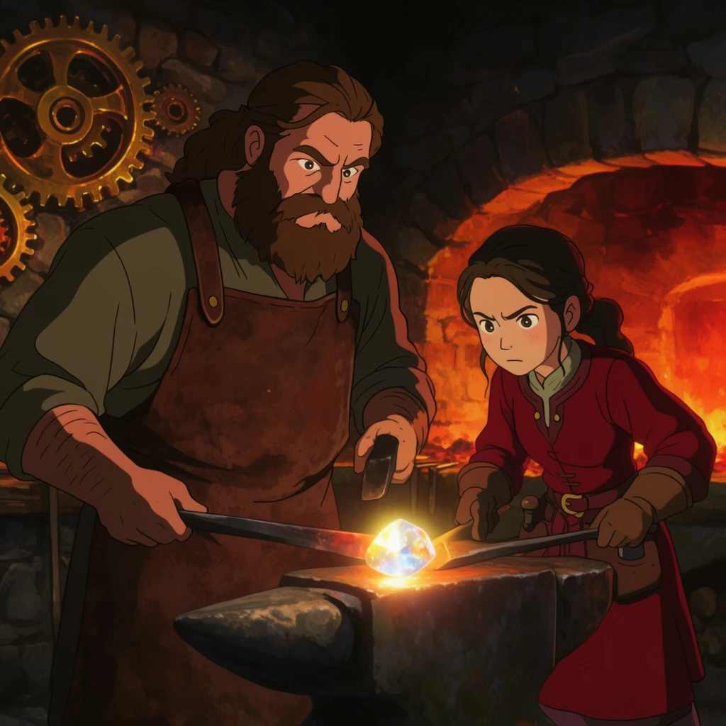 tall bearded blacksmith in heavy leather apron, young female apprentice in crimson tunic, intensely focused faces illuminated by brilliant glowing gemstone, underground stone forge, glowing brass gears in background, heavy stone anvil in foreground, medium shot, warm fiery orange light, deep shadows, dramatic chiaroscuro, 2d animation style, hand-drawn aesthetic, detailed background