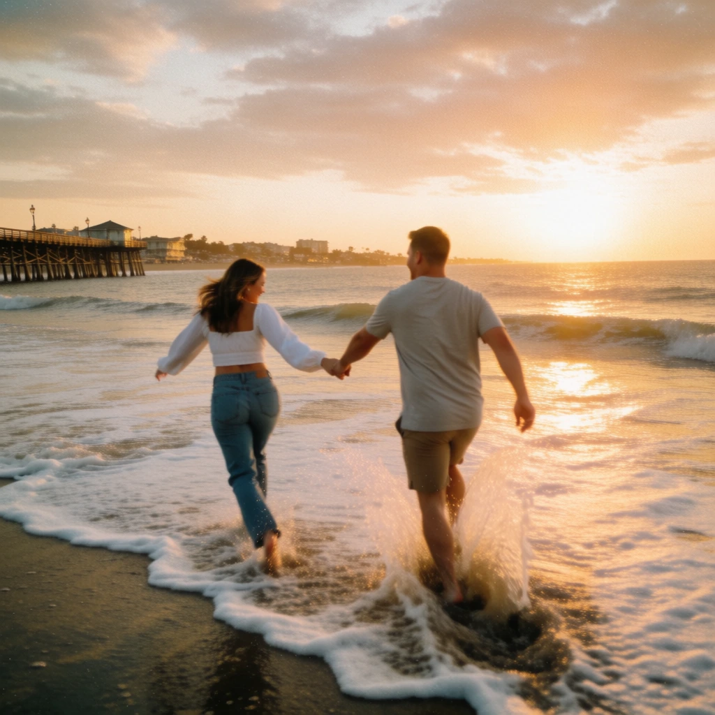 A couple holds hands and runs through the shallow ocean waves during a golden hour sunset. Viewed from behind, a man in a light grey short-sleeved t-shirt and tan shorts holds the hand of a woman dressed in a white long-sleeved crop top and blue denim jeans. They are positioned in the center of the frame, moving away from the camera into the incoming surf, with the woman leaning slightly to the left and the man stepping forward into a wave, creating a translucent splash of water. The beach in the foreground consists of dark wet sand and white sea foam. To the left in the background, a long wooden pier stretches over the water towards a distant coastline dotted with the silhouettes of buildings. The sky is filled with soft, textured clouds illuminated by a bright, low-hanging sun that casts a warm, golden-orange glow across the entire scene and creates shimmering reflections on the water's surface. The photography features a grainy, film-like texture with soft focus and a slight motion blur on the splashing water, using a warm color palette of gold, orange, and muted blues to create a nostalgic atmosphere.
