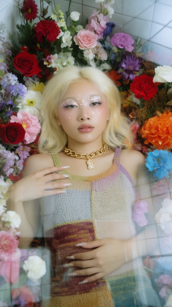 A young woman with pale blonde hair rests amidst a vibrant, overflowing bed of diverse flowers, wearing a patchwork knit tank top and a thick gold chain necklace with a pendant. Her face is adorned with sparkling makeup, particularly around her eyes, and she has long, manicured nails. The floral arrangement features red, pink, purple, white, orange, and blue blooms, including roses and carnations, densely packed around her. The image appears to be a photograph taken through a reflective surface, possibly glass, as a grid pattern from floor tiles is superimposed over the scene, creating a dreamlike, ethereal aesthetic with soft lighting and a slightly blurred effect from the reflection.
