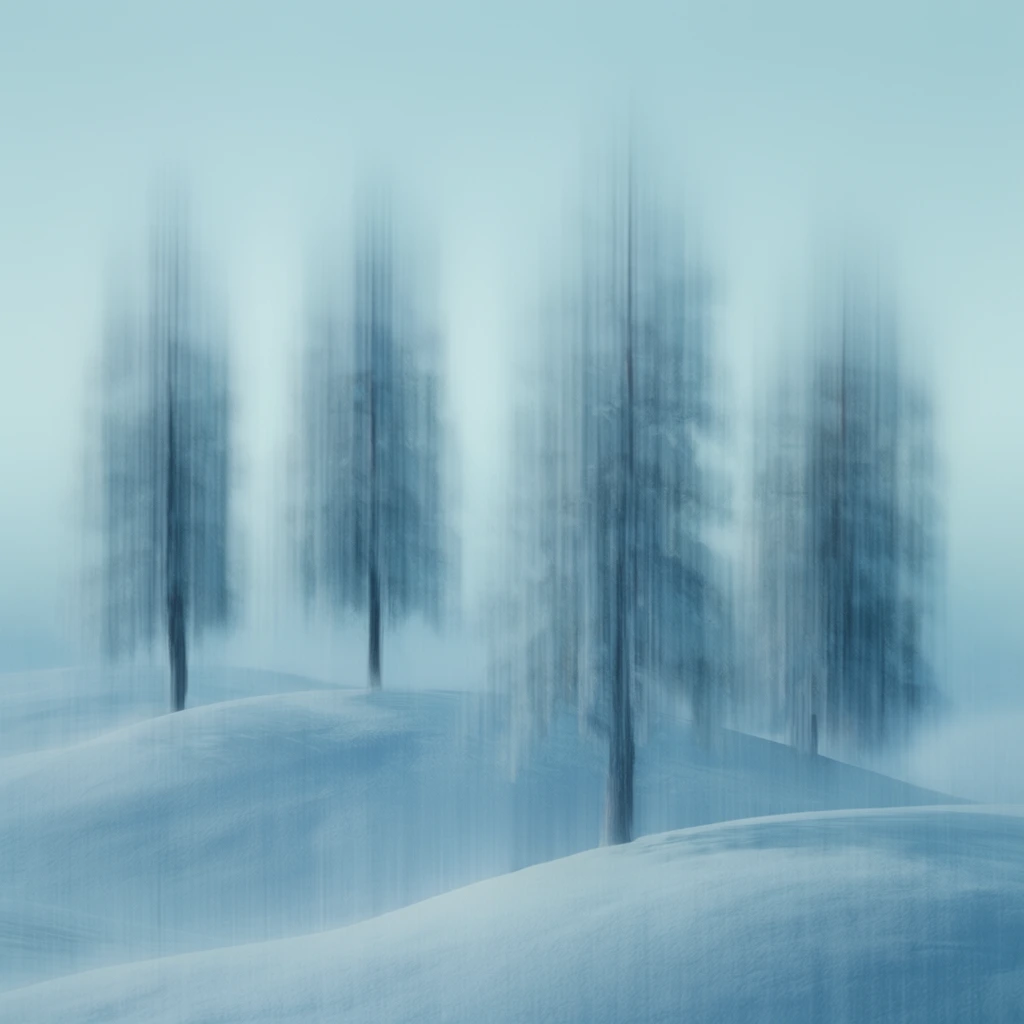 Four trees stand upon rolling snowy hills, rendered in a monochromatic cool-blue palette characterized by intense vertical motion blur. The four dark vertical tree forms emerge from the smooth, undulating crests of the snow-covered terrain, their shapes heavily elongated and smeared upward and downward by a continuous vertical streaking effect. The snowy ground transitions into a hazy, pale cyan gradient sky, merging the horizon into a soft mist. A pervasive visual distortion overlays the composition, creating a translucent texture composed of dense vertical striations that stretch the underlying subjects. The color grading consists exclusively of icy cyans, pale powder blues, and muted slate tones, illuminated by even, uniform, diffused ambient light. The persistent soft focus and extreme vertical stretching soften all hard edges, turning the trees and landscape into smooth, blurred, ethereal vertical bands.