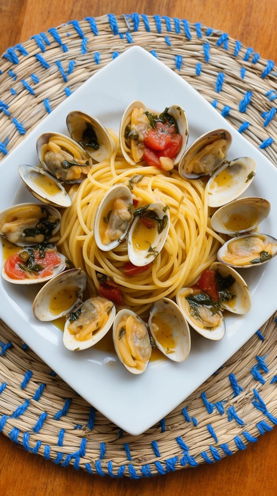 top-down food photography of golden spaghetti and numerous open clam shells served on a white square ceramic plate, glistening oil sauce with soft red tomatoes and dark green herbs, resting on a round woven straw placemat detailed with thick blue rope stitching, warm wooden table background, bright natural daylight, appetizing culinary textures, sharp focus