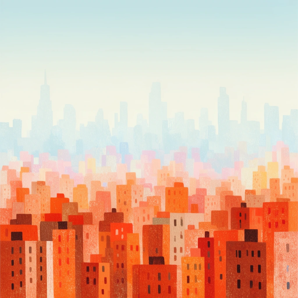 A stylized, textured illustration of a layered cityscape. Dense, vibrant terracotta and orange geometric buildings fill the foreground. The midground fades into pastel hues, backed by a hazy, pale blue silhouette of skyscrapers under a smooth gradient sky.