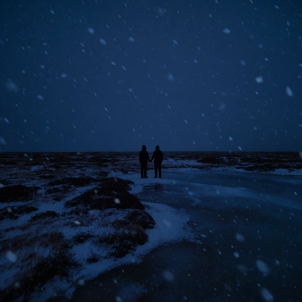 Two distant, silhouetted figures stand holding hands in the center of a vast, frozen landscape under a deep indigo night sky. Heavy snow falls across the frame, with out-of-focus flakes rushing past the foreground to create a cinematic atmospheric chill. A stark horizon divides the expansive dark sky from rugged terrain featuring dark earth, patchy white snow, and a smooth sheet of dark ice. The wide-angle composition isolates the small subjects within the eerie, monochromatic blue environment.